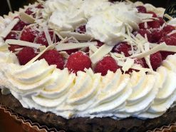 Pumpkin Custard Pie with Rum Cake Fresh Raspberries and Whipped Cream - dessertsbygerard.com